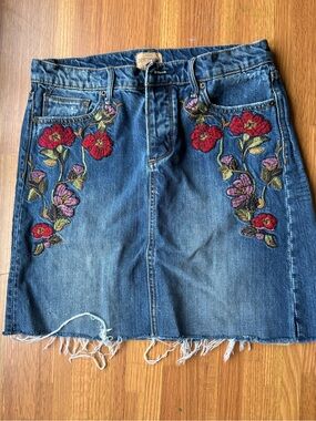 Driftwood Sophia Denim Mini Skirt with Red & Pink Floral Embroidery